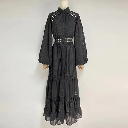 Embroidery Lantern Sleeve Openwork Maxi Dress
