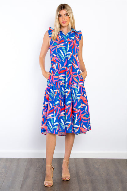 Print Ruffled Midi Dress with Pockets