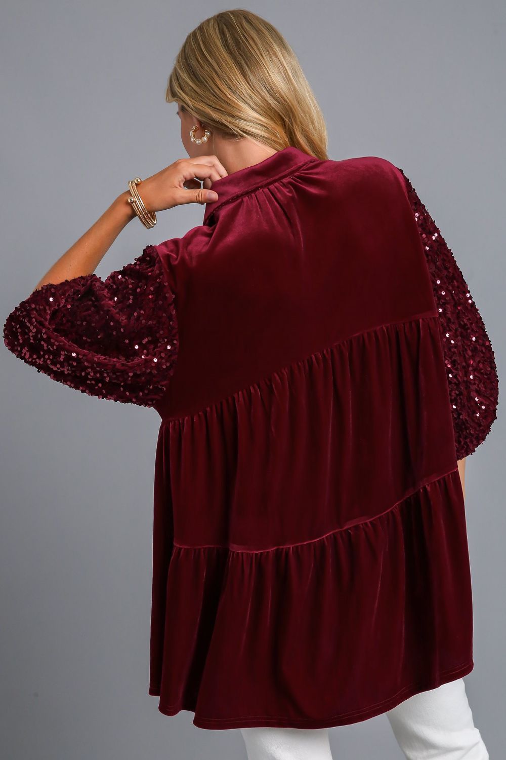 Sequin Detail Tiered Back Half Sleeve Shirt