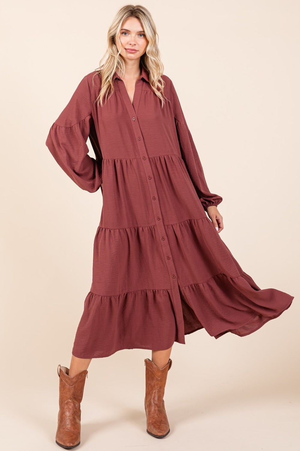 Tiered Button Down Long Sleeve Midi Dress