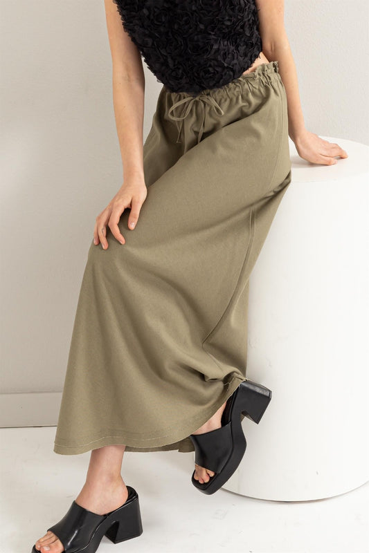 Drawstring Washed Linen Maxi Skirt