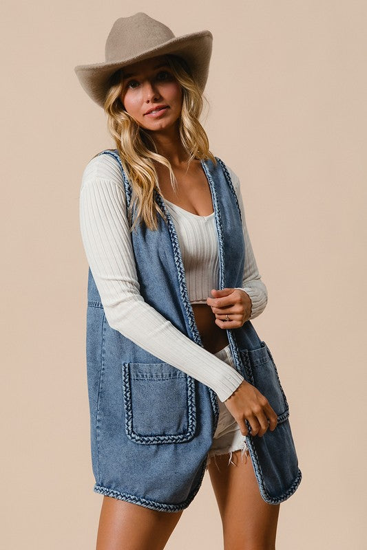 Braided Trim Open Front Denim Vest