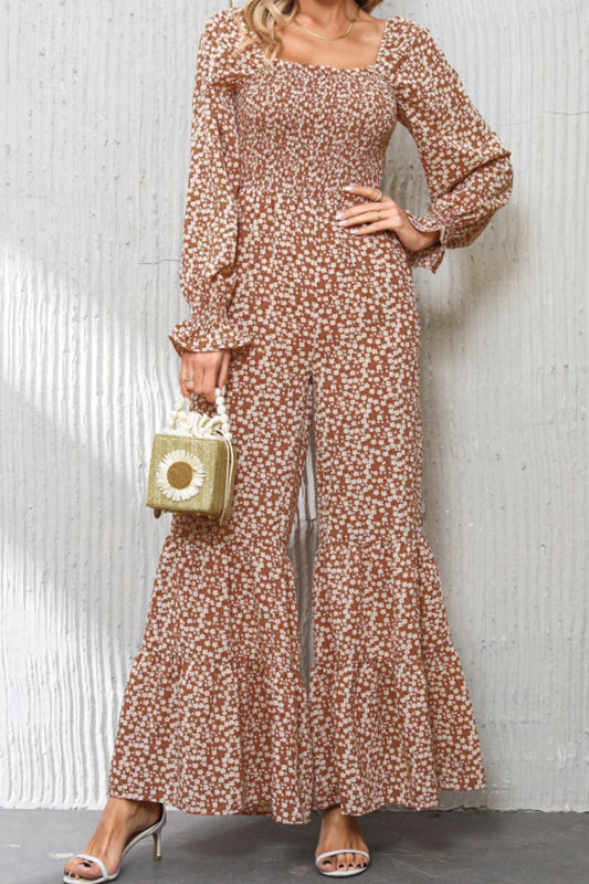 Floral Square Neck Ruffled Wide Leg Jumpsuit