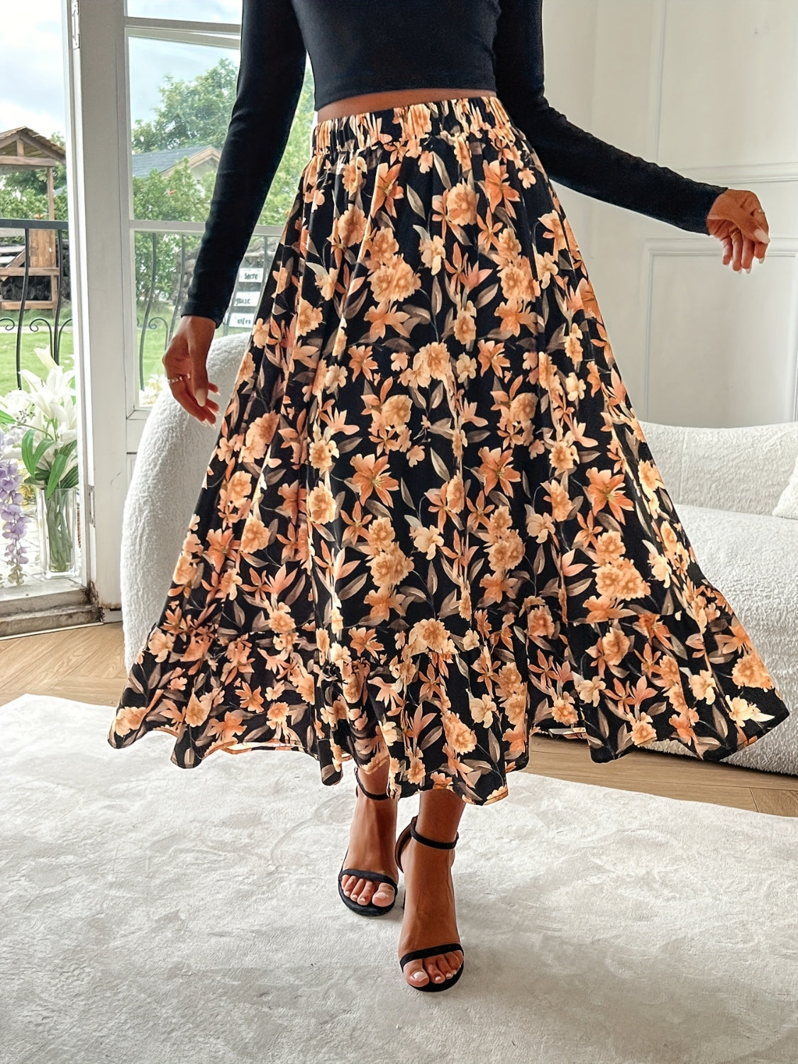 Floral Elastic Waist Midi Skirt