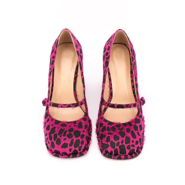 Leopard Square Toe Block Heel Shoes