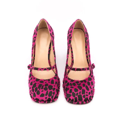 Leopard Square Toe Block Heel Shoes