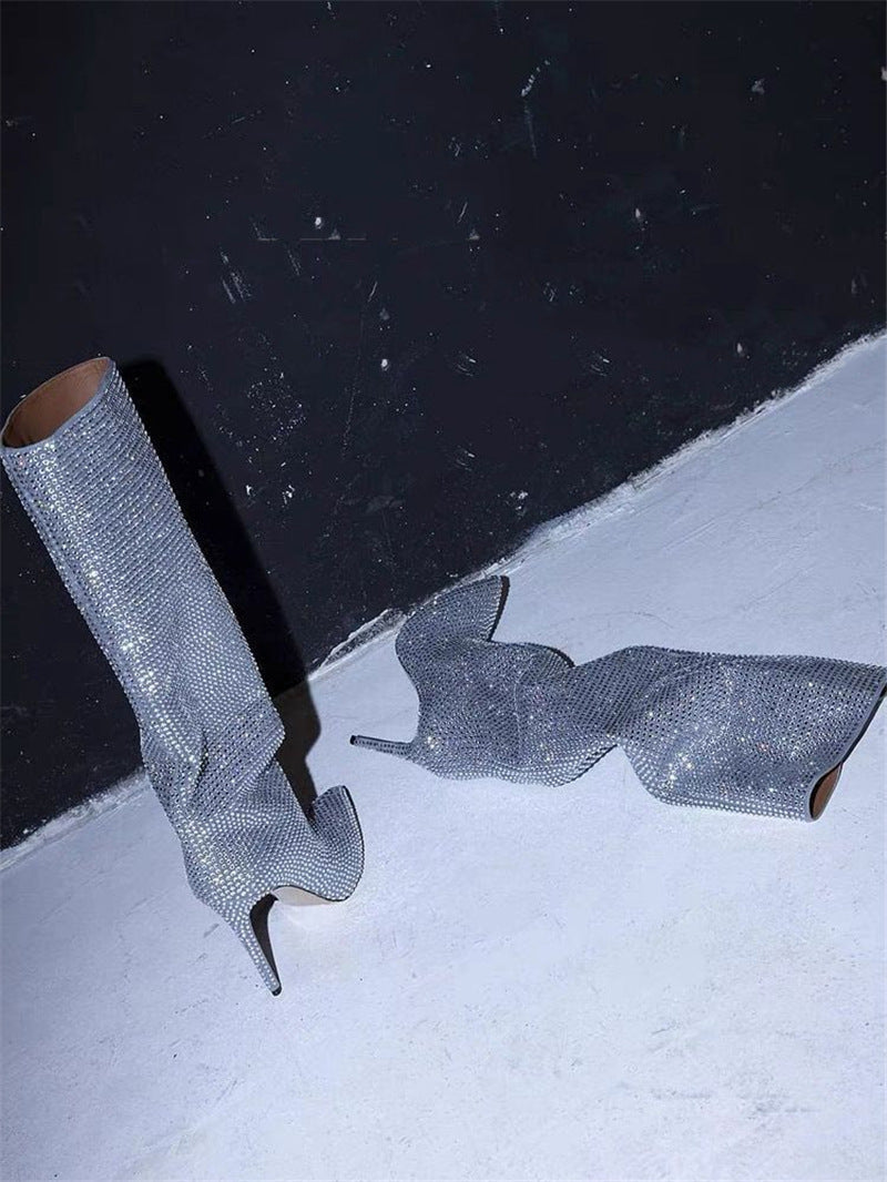 Rhinestone Pointed Toe Knee-High Boots