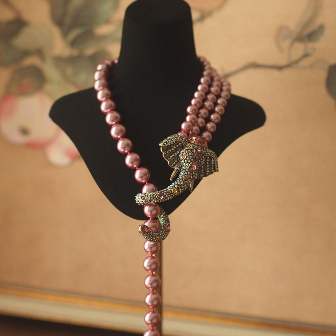 Crystal Studded Elephant Pearl Necklace