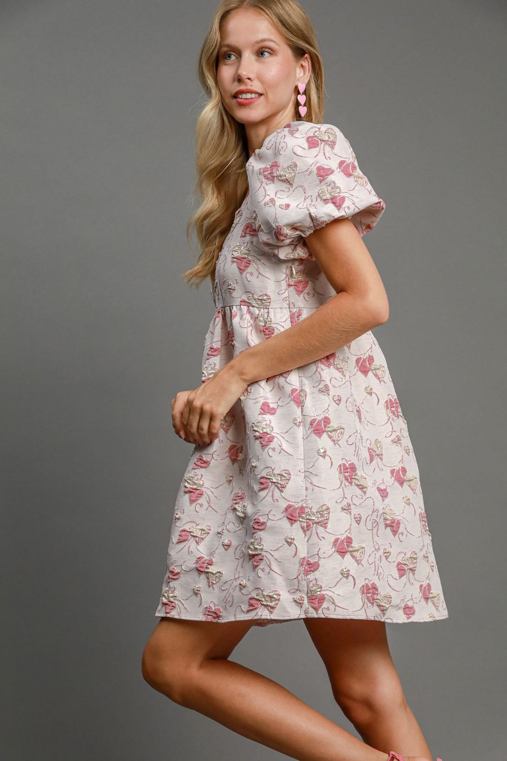 Heart Jacquard Square Neck Puff Sleeve Mini Dress