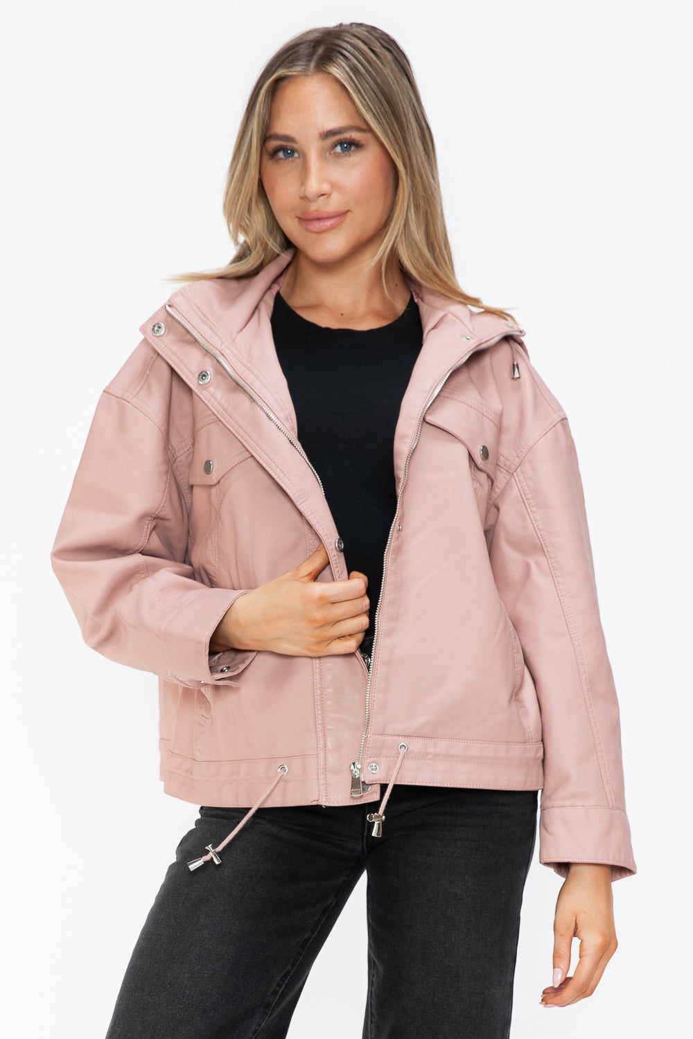 Drawstring Hem PU Leather Zip Up Jacket