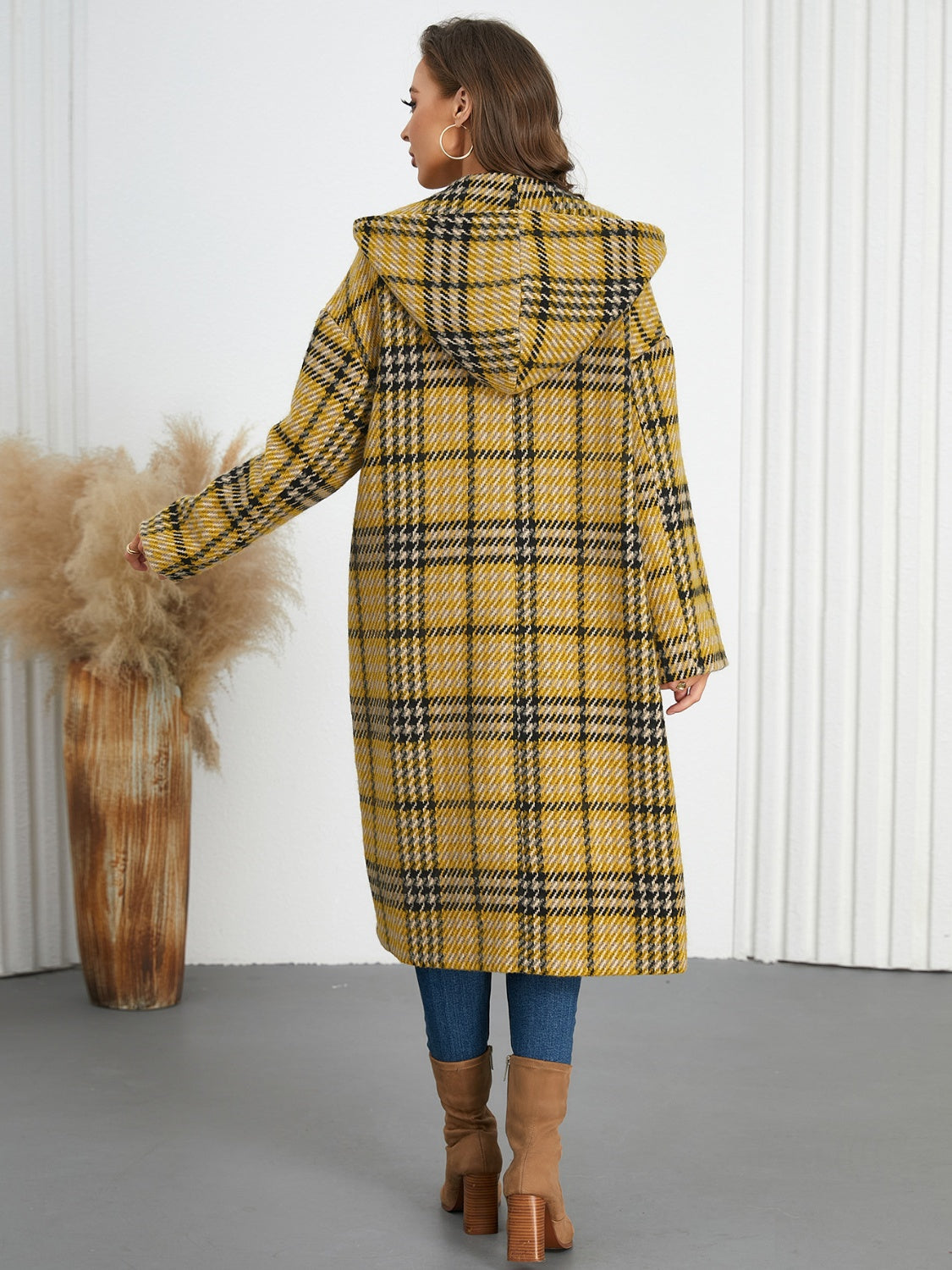 Plaid Double-Breasted Long Sleeve Longline Coat