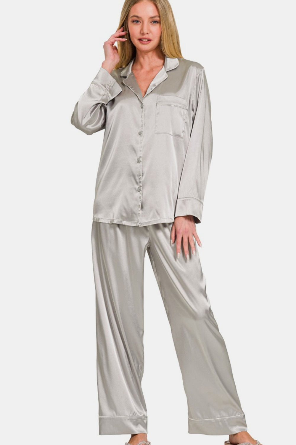 Satin Long Sleeve Shirt and Pants Pajama Set