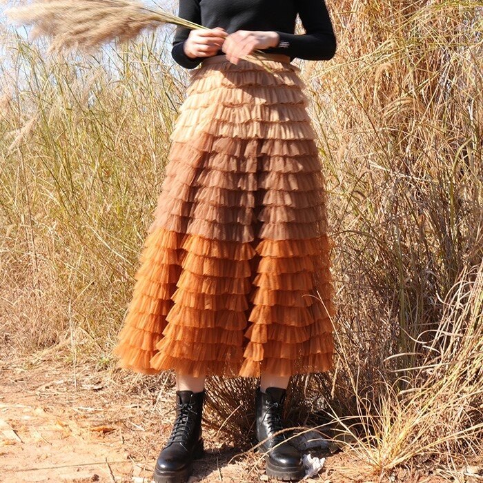 Gradient Cascading Layered Mesh Midi Skirt