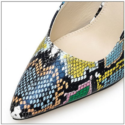 Snakeskin Print Pointed Toe Block Heel Shoes