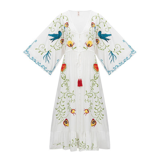 Boho Floral Embroidered Tie-Waist Maxi Dress