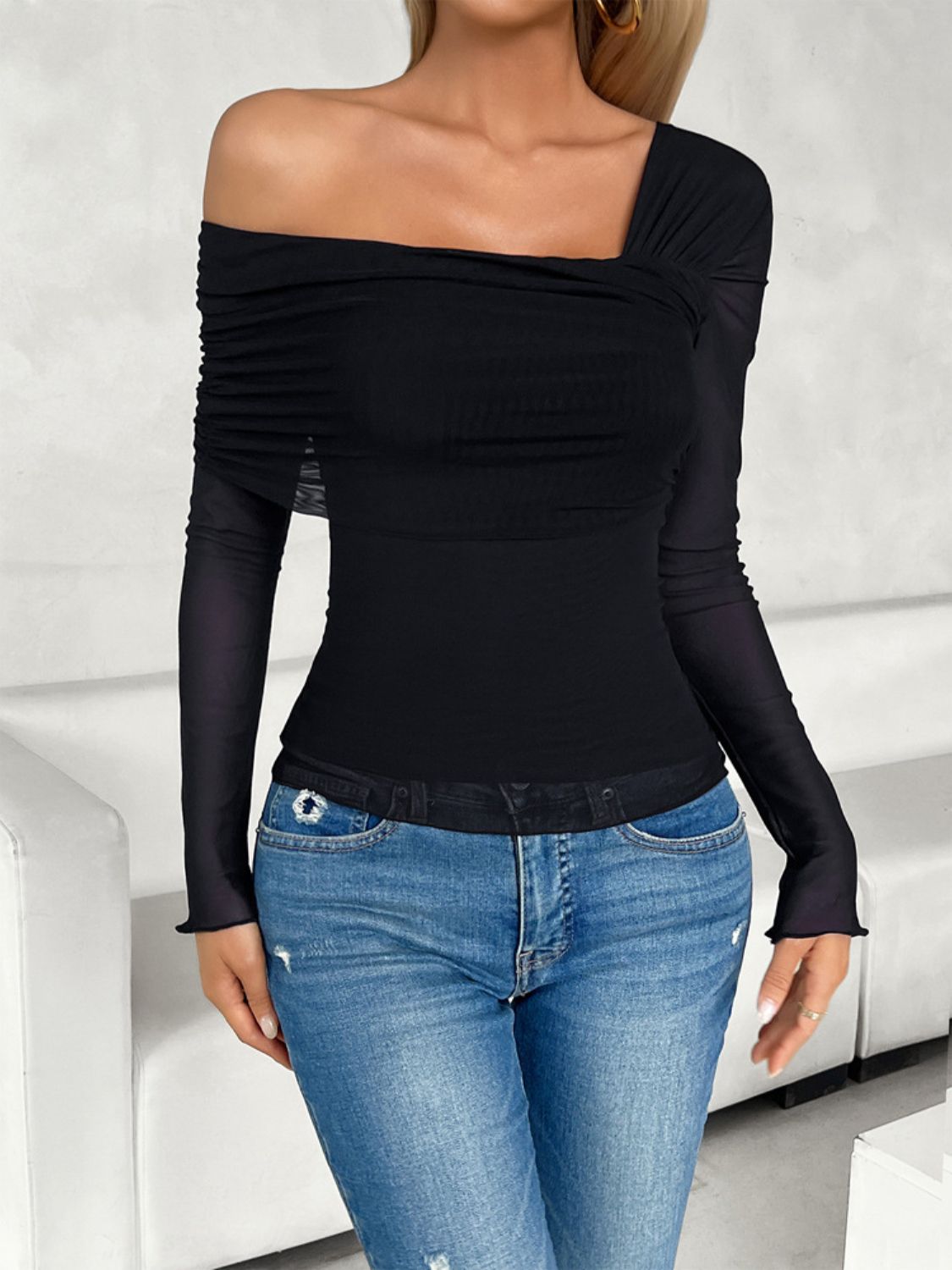 Ruched Asymmetrical Long Sleeve T-Shirt