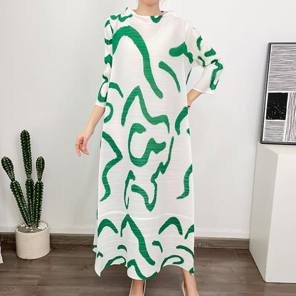 Miyake Pleated Printed O-Neck Maxi Dress