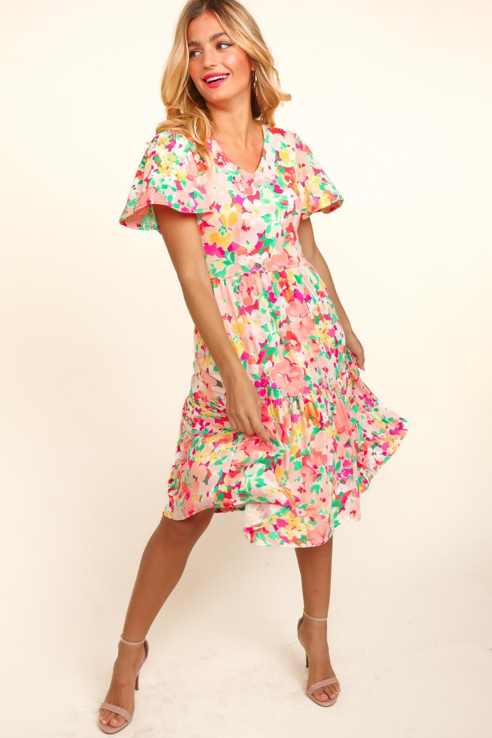 Tiered Floral Midi Dress with Pockets