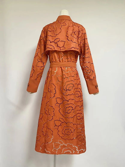 Hollow-Out Lapel Collar Spliced Trench Coat