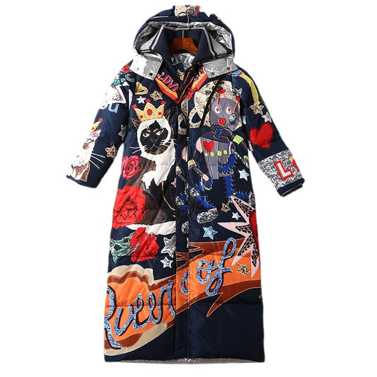 Printed Ribbed Collar Hooded Duck Down Overcoat