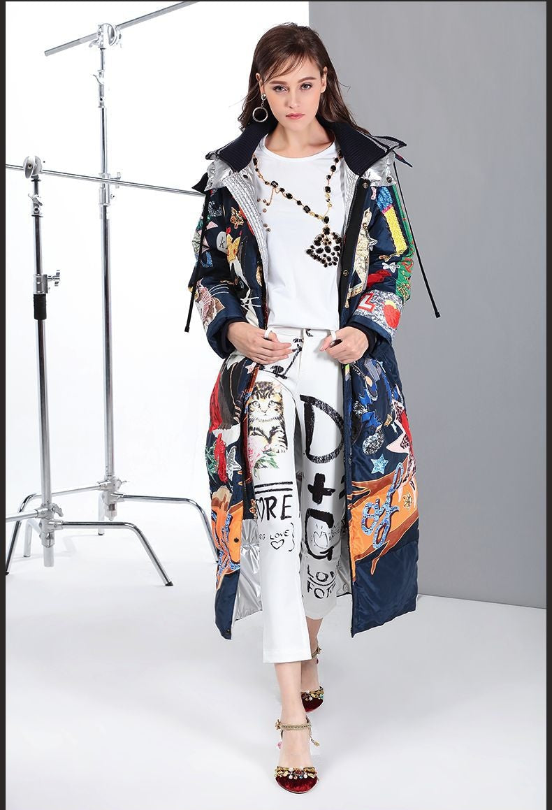Printed Ribbed Collar Hooded Duck Down Overcoat