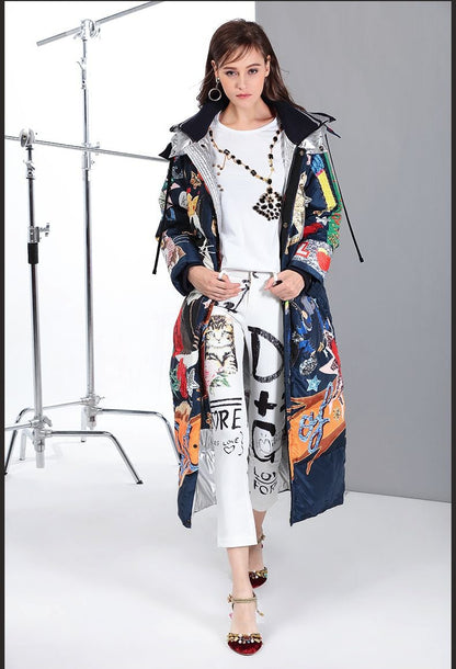 Printed Ribbed Collar Hooded Duck Down Overcoat