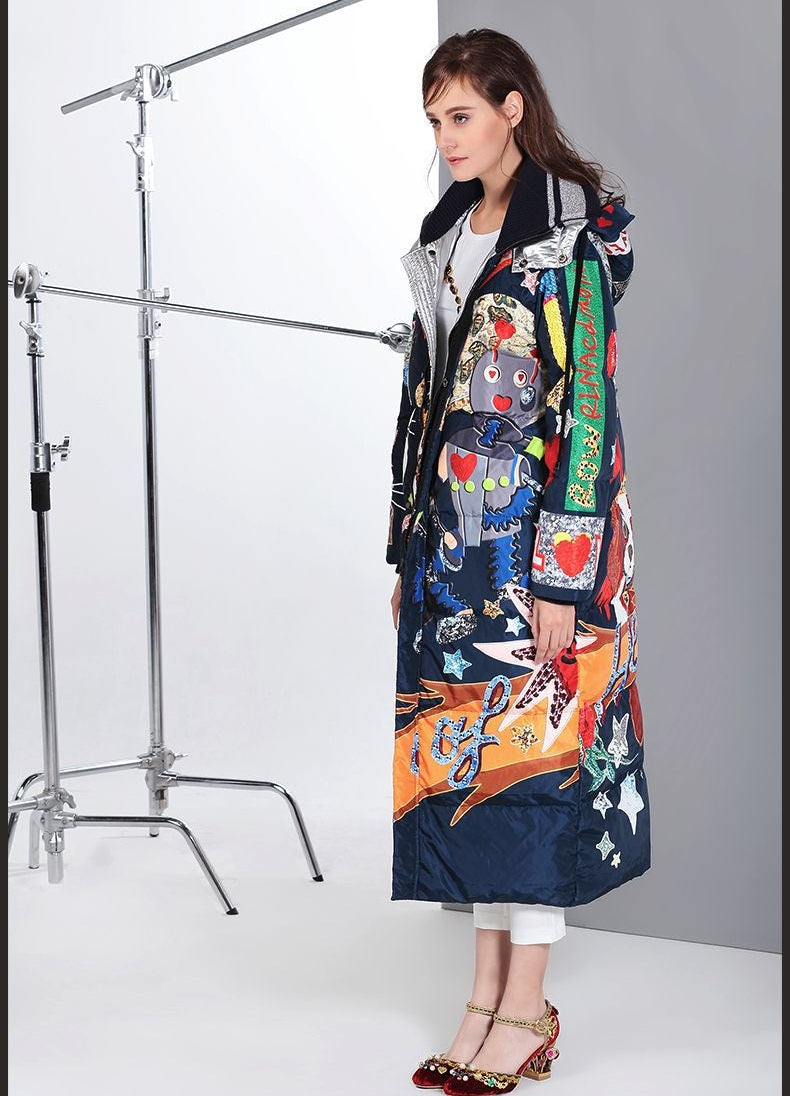 Printed Ribbed Collar Hooded Duck Down Overcoat
