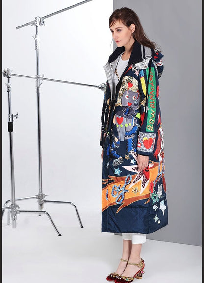 Printed Ribbed Collar Hooded Duck Down Overcoat