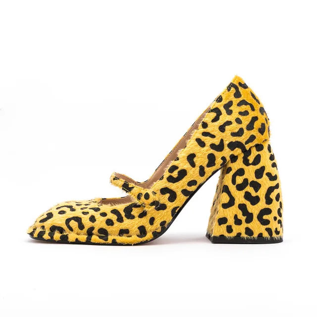 Leopard Square Toe Block Heel Shoes