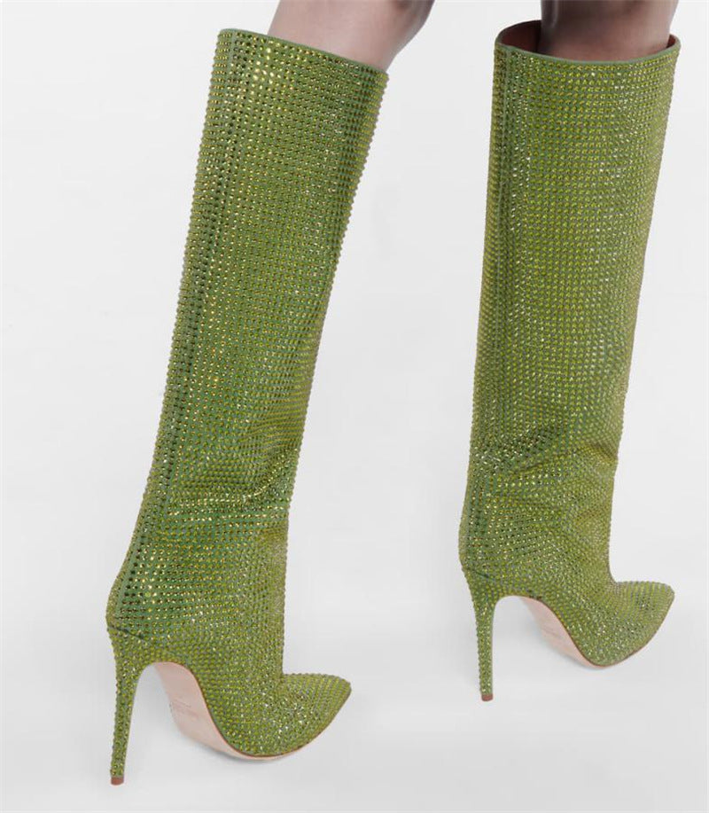 Rhinestone Pointed Toe Knee-High Boots