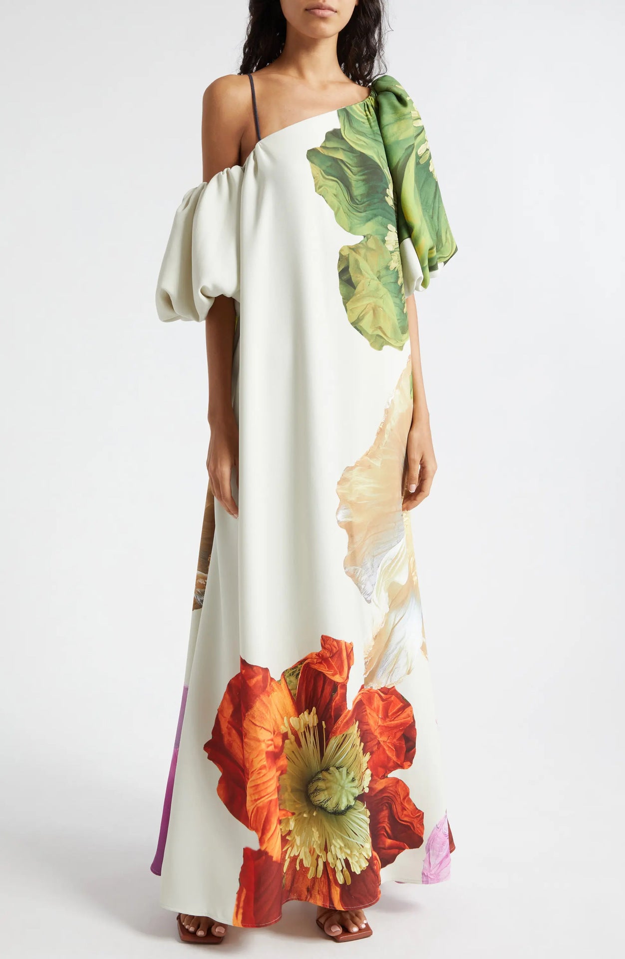 Floral Asymmetrical Neck Balloon Sleeve Maxi Dress