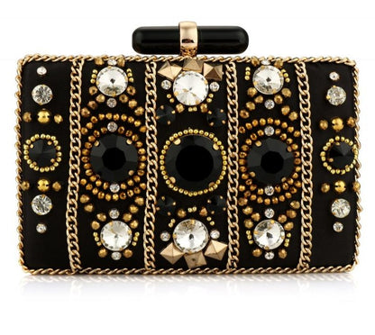 Black Satin Beaded Rhinestone Clutch Bag
