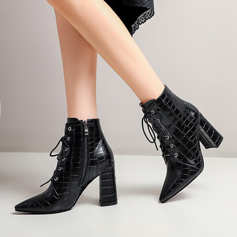 Cross Lace-Up Pointed Toe Ankle Boots
