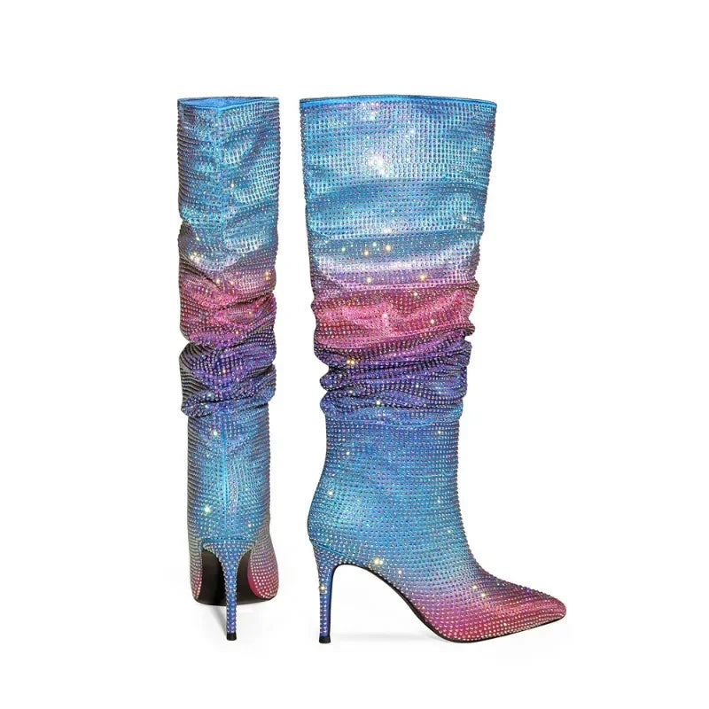 Gradient Rhinestone Pleated Knee-High Boots