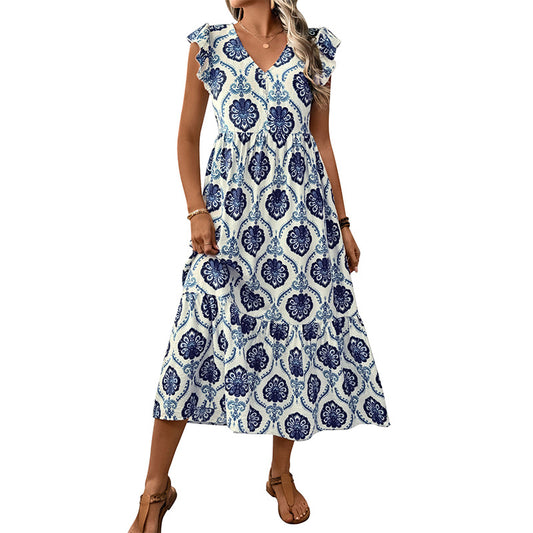 Printed Ruffled Cap Sleeves Midi Dress