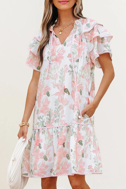 Floral Contrast Edge Layered Short Sleeve Mini Dress