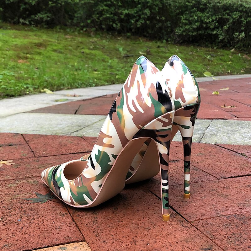Camouflage Patent Pointed Toe High Heel Shoes