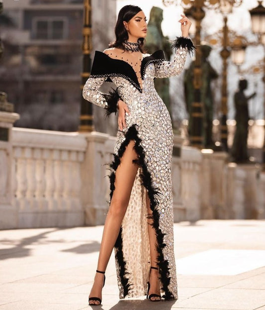 Feather Sequined Thigh High Slit Floor-Length Dress