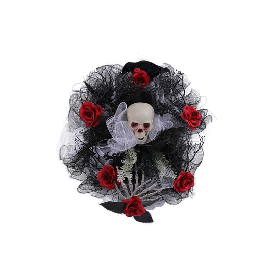 Halloween Red Rose Skull Mesh Door Wreath