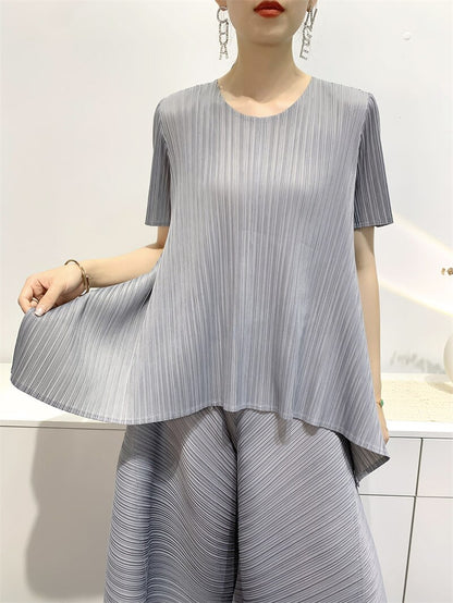 Miyake Pleated Irregular Hem Top and Cropped Pants Set