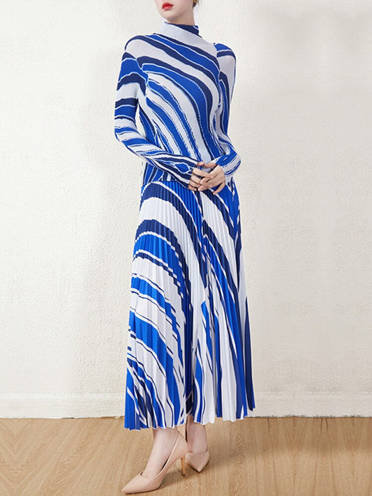 MIyake Pleated Striped Top & Long Skirt Set