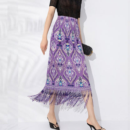 Miyake Pleated Printed Tassel A-Line Skirt