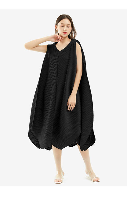 Miyake Pleated Irregular Hem Sleeveless Midi Dress