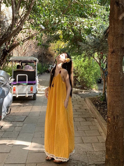 Embroidered Sleeveless Maxi Dress with Tassels