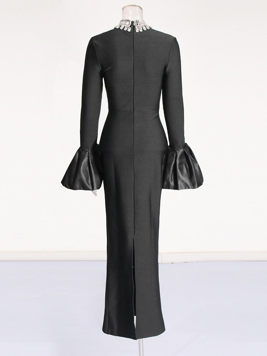 Rhinestone Turtleneck Long Sleeve Bandage Dress