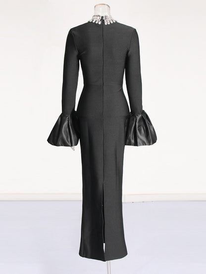 Rhinestone Turtleneck Long Sleeve Bandage Dress