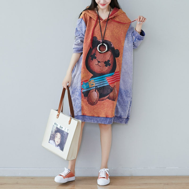 Contrast Cartoon Print Hooded Knitted Denim Dress