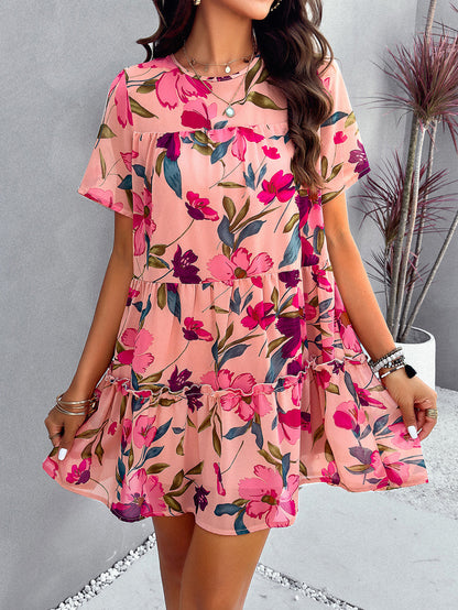 Floral Printed Tiered Tie-Back Mini Dress