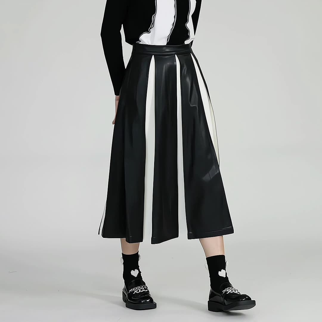 PU leather patchwork pleated skirt, women's A-line skirt, unique and luxurious style, high waisted umbrella skirt