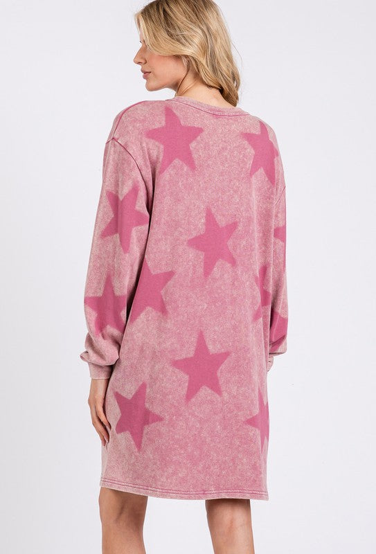 Washed Star Print Round Neck Dress